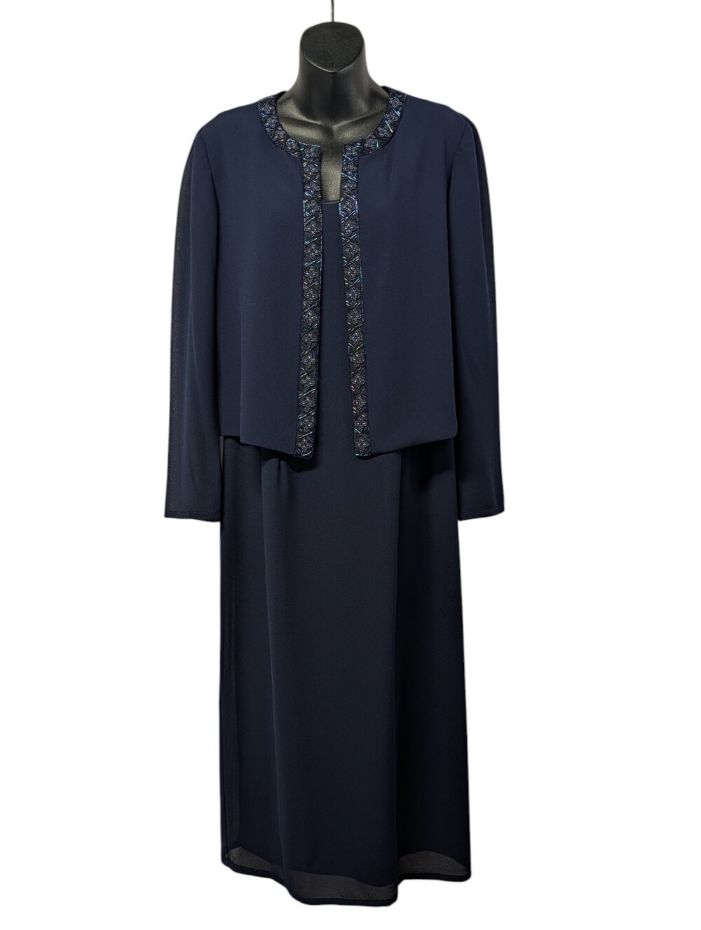 Patra Women's Navy Blue 2 Pieces Formal Dress Set Size 10 Beaded Jacket